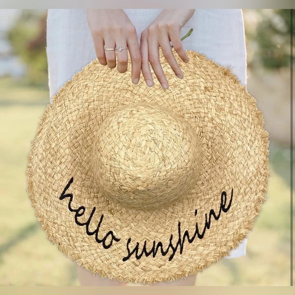 🔥2for$20 Straw Sun Hat - "Hello Sunshine" Wide Brim - Natural - CRUSHABLE - Picture 7 of 11
